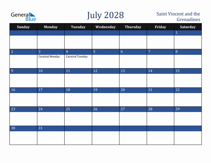 July 2028 Saint Vincent and the Grenadines Calendar (Sunday Start)