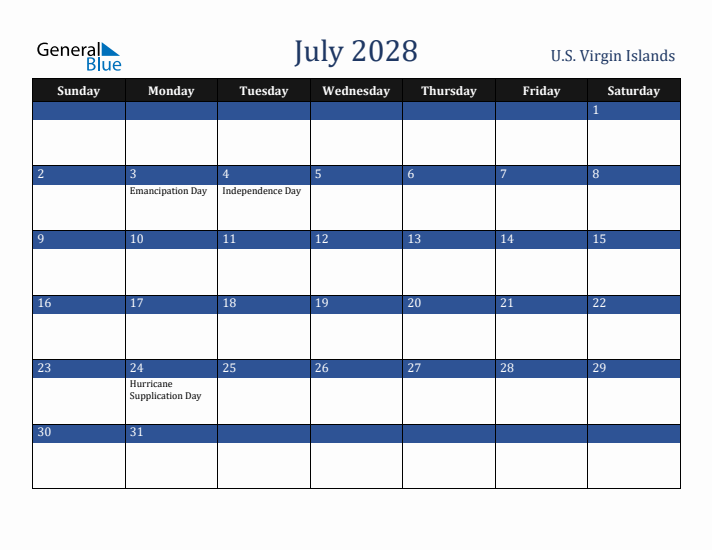 July 2028 U.S. Virgin Islands Calendar (Sunday Start)
