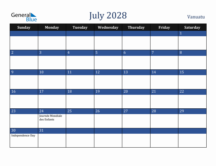 July 2028 Vanuatu Calendar (Sunday Start)