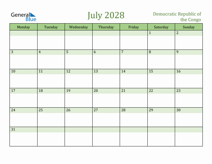 July 2028 Calendar with Democratic Republic of the Congo Holidays