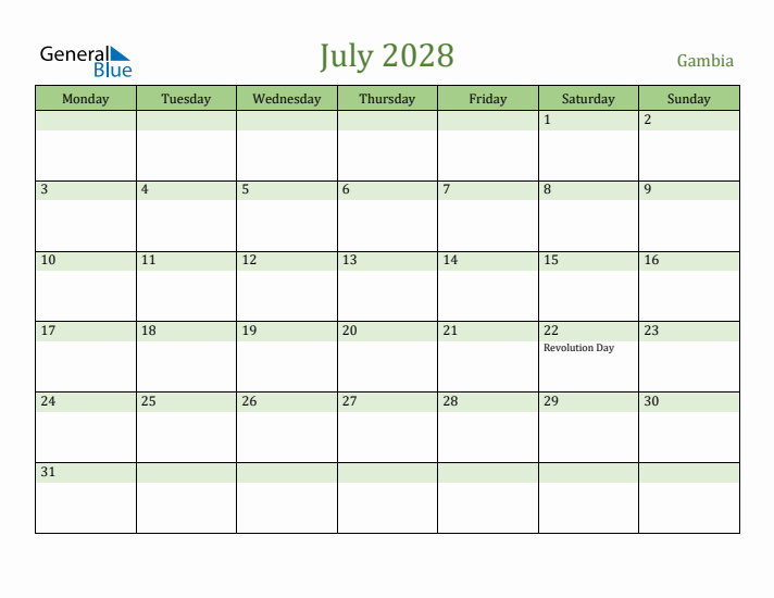 July 2028 Calendar with Gambia Holidays