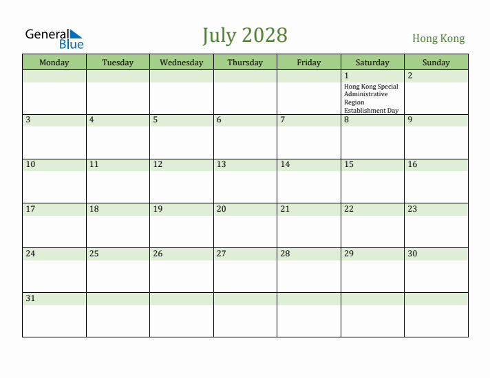 July 2028 Calendar with Hong Kong Holidays