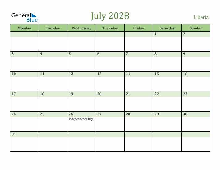 July 2028 Calendar with Liberia Holidays