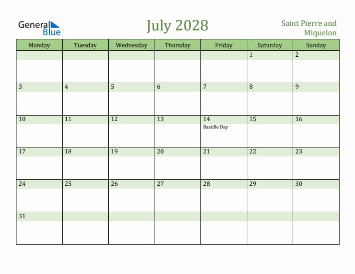 July 2028 Calendar with Saint Pierre and Miquelon Holidays