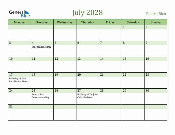 July 2028 Calendar with Puerto Rico Holidays