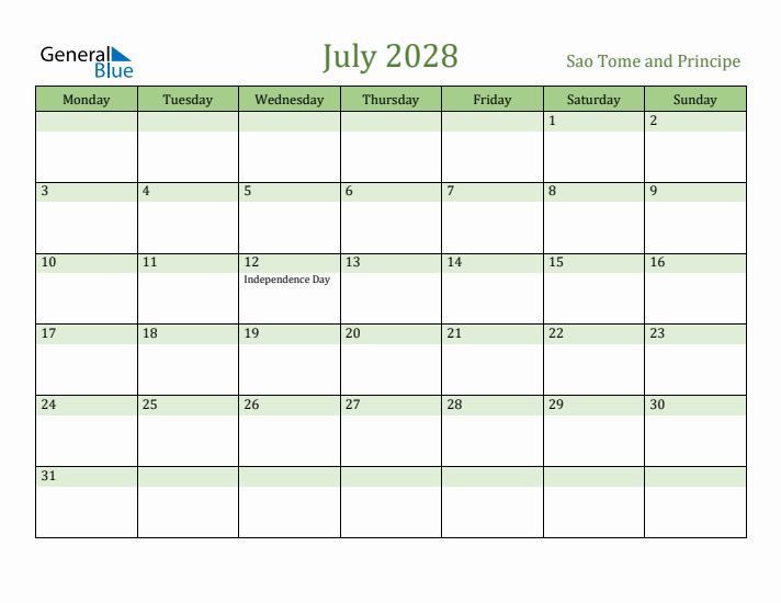 July 2028 Calendar with Sao Tome and Principe Holidays