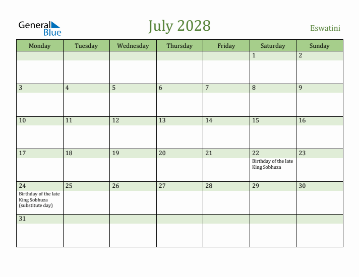 July 2028 Calendar with Eswatini Holidays