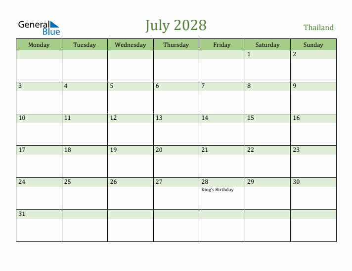 July 2028 Calendar with Thailand Holidays