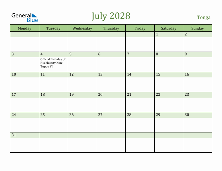 July 2028 Calendar with Tonga Holidays