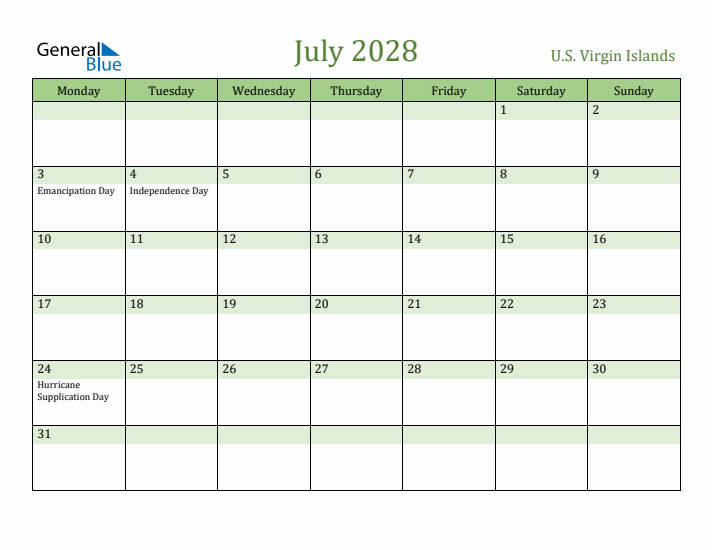 July 2028 Calendar with U.S. Virgin Islands Holidays