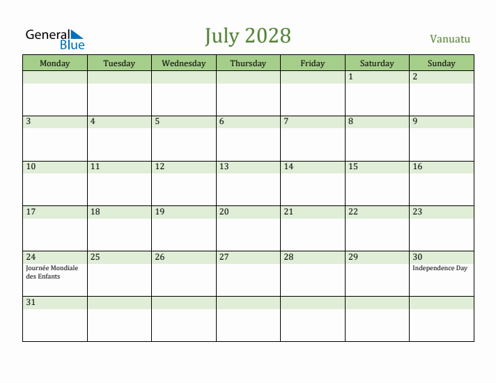 July 2028 Calendar with Vanuatu Holidays