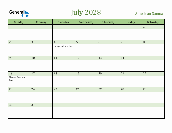 July 2028 Calendar with American Samoa Holidays