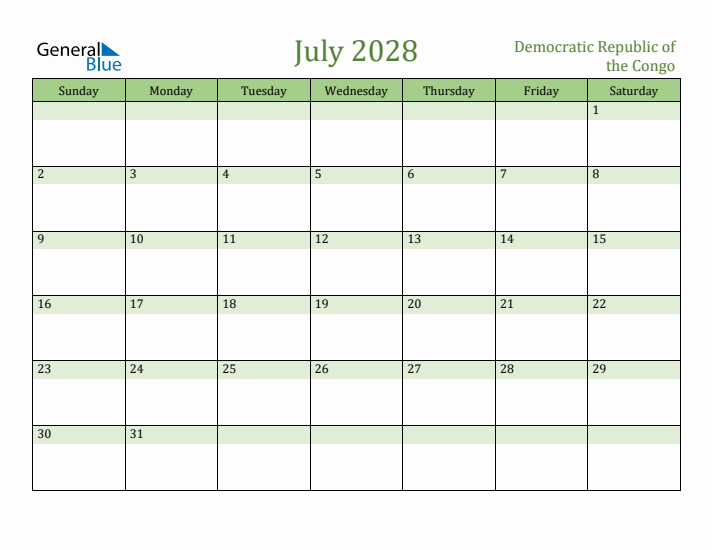 July 2028 Calendar with Democratic Republic of the Congo Holidays