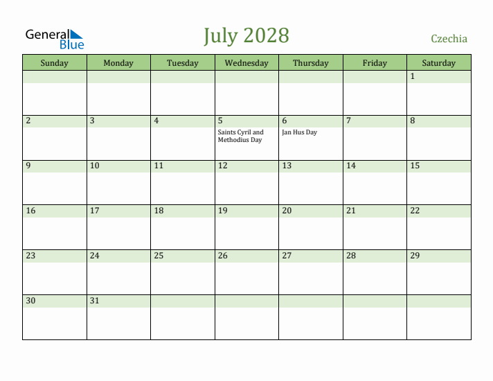 July 2028 Calendar with Czechia Holidays
