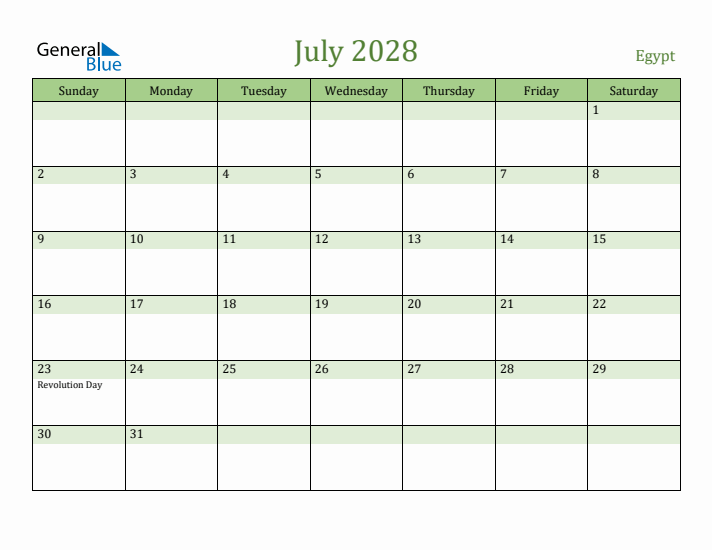 July 2028 Calendar with Egypt Holidays