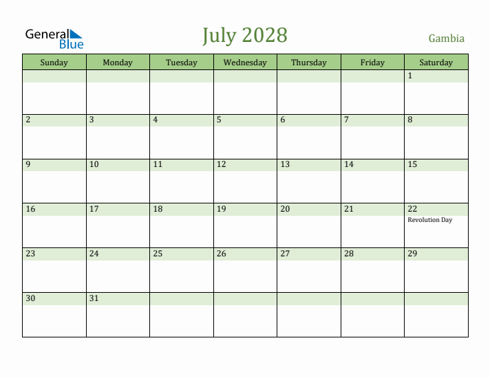 July 2028 Calendar with Gambia Holidays