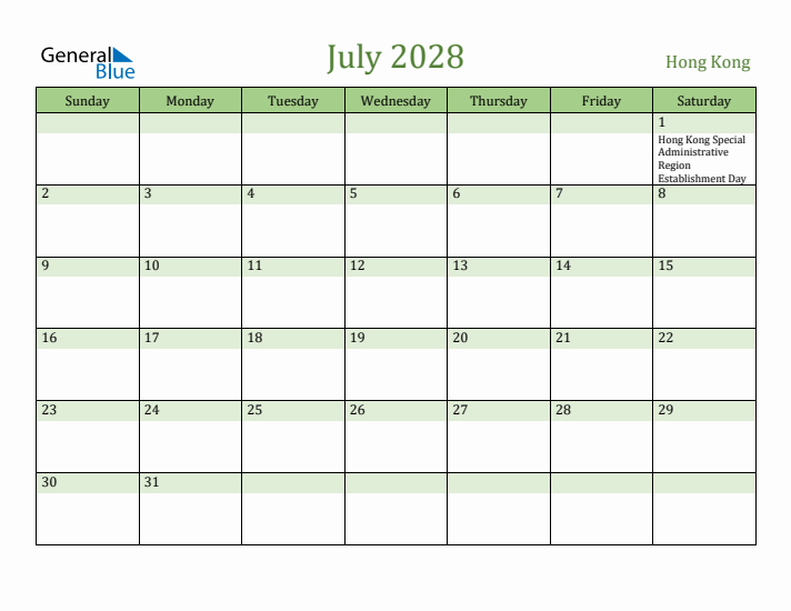 July 2028 Calendar with Hong Kong Holidays