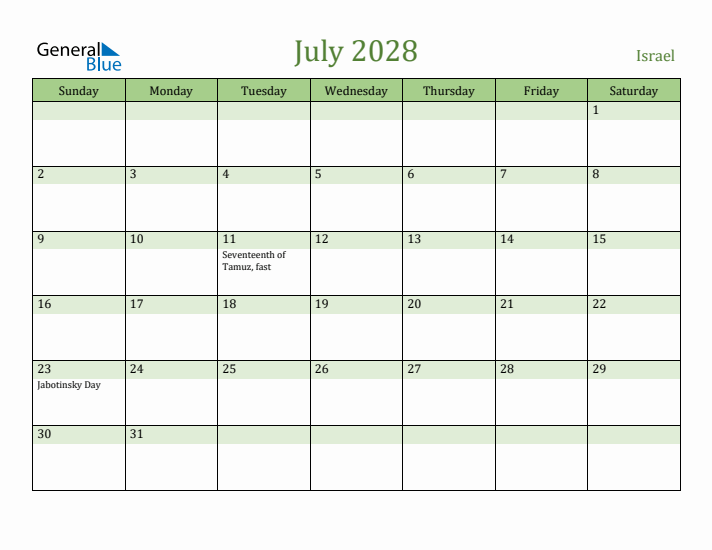 July 2028 Calendar with Israel Holidays