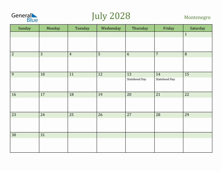 July 2028 Calendar with Montenegro Holidays