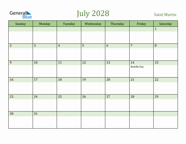 July 2028 Calendar with Saint Martin Holidays