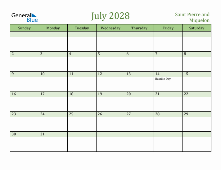July 2028 Calendar with Saint Pierre and Miquelon Holidays