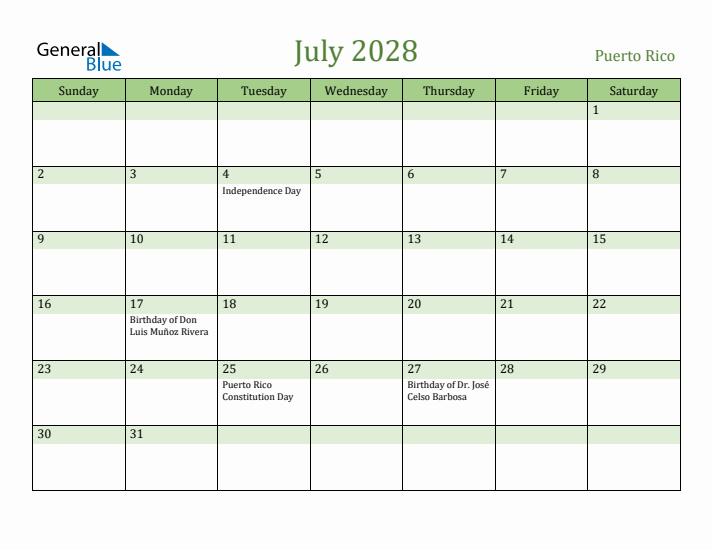 July 2028 Calendar with Puerto Rico Holidays