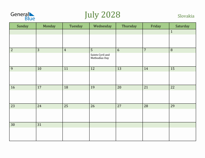 July 2028 Calendar with Slovakia Holidays