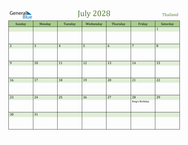 July 2028 Calendar with Thailand Holidays