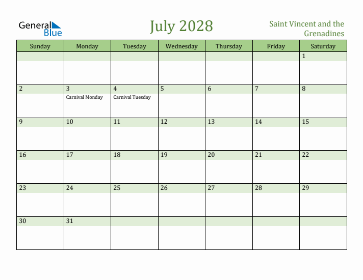 July 2028 Calendar with Saint Vincent and the Grenadines Holidays