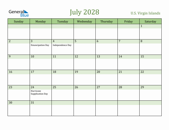 July 2028 Calendar with U.S. Virgin Islands Holidays