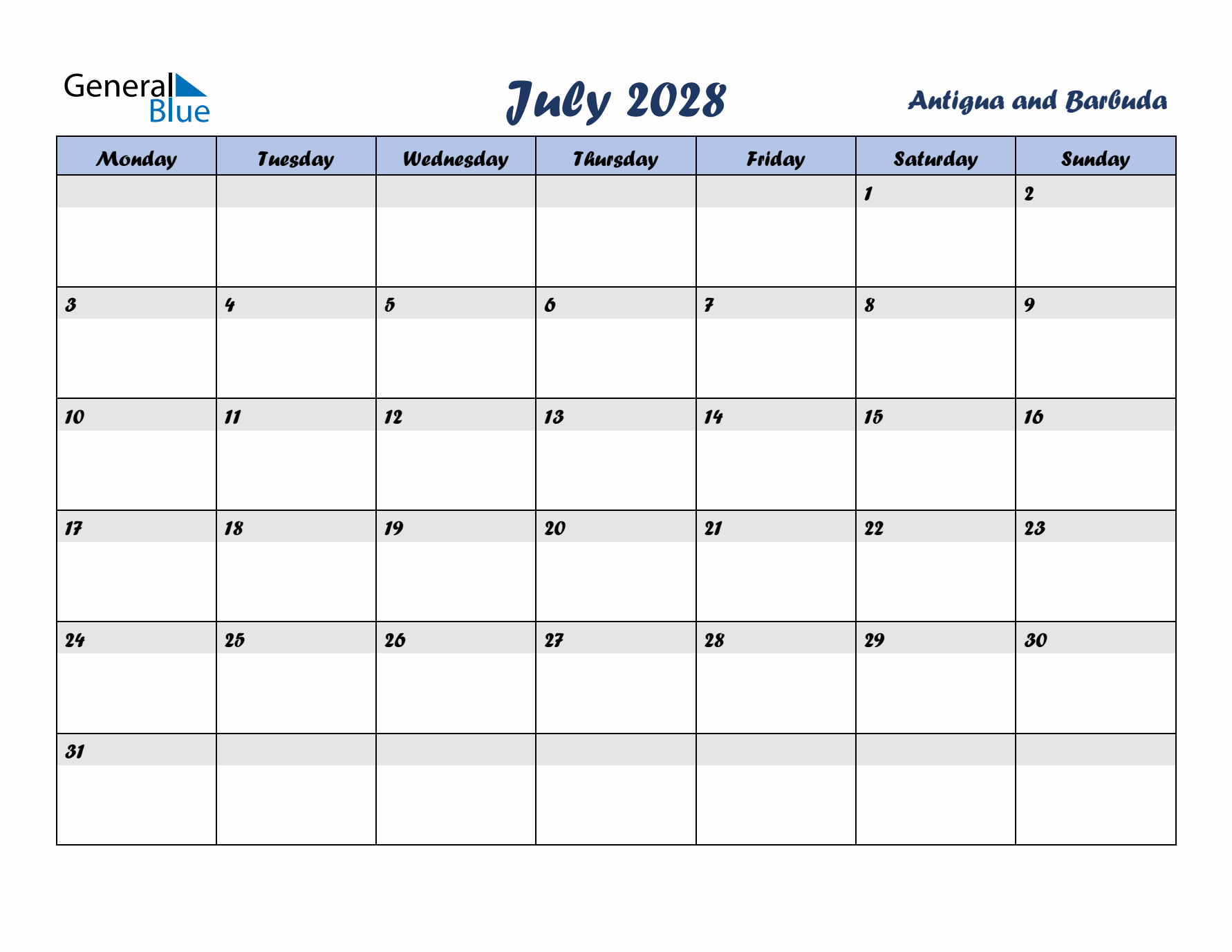 July 2028 Calendar with Holidays in Antigua and Barbuda