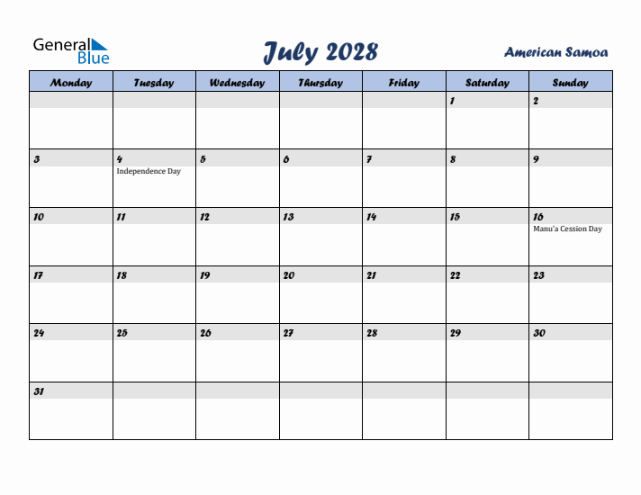 July 2028 Calendar with Holidays in American Samoa