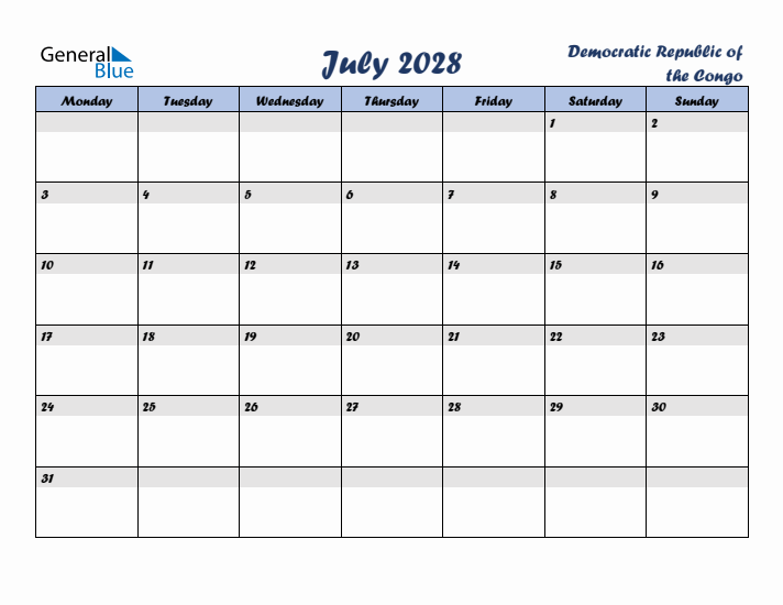 July 2028 Calendar with Holidays in Democratic Republic of the Congo