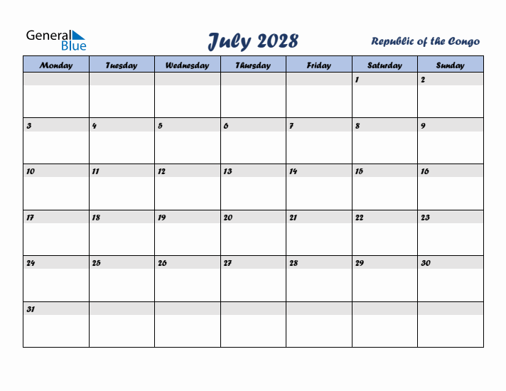July 2028 Calendar with Holidays in Republic of the Congo