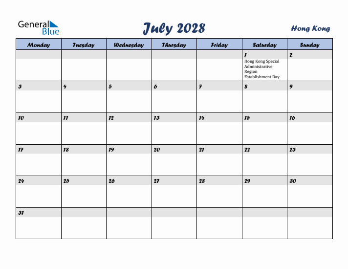 July 2028 Calendar with Holidays in Hong Kong
