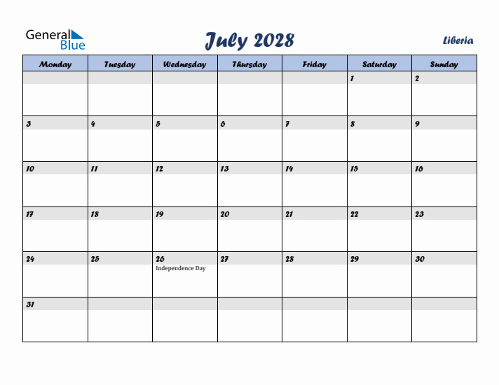 July 2028 Calendar with Holidays in Liberia