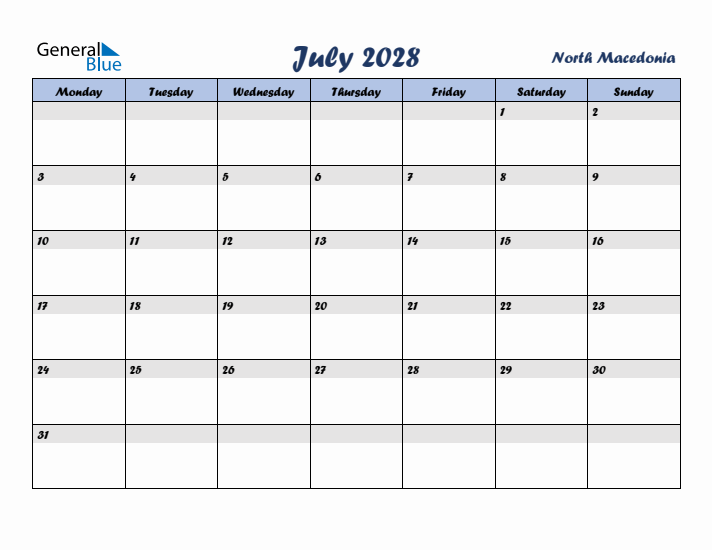 July 2028 Calendar with Holidays in North Macedonia
