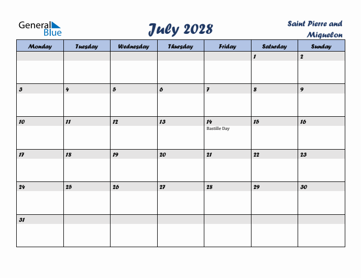 July 2028 Calendar with Holidays in Saint Pierre and Miquelon
