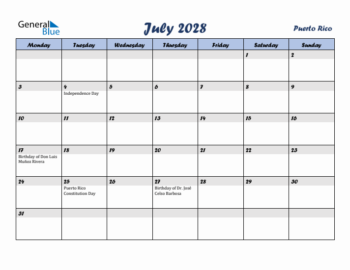 July 2028 Calendar with Holidays in Puerto Rico