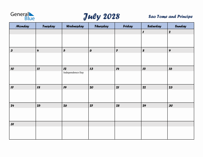 July 2028 Calendar with Holidays in Sao Tome and Principe