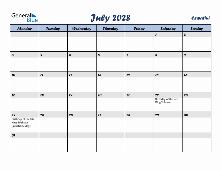 July 2028 Calendar with Holidays in Eswatini