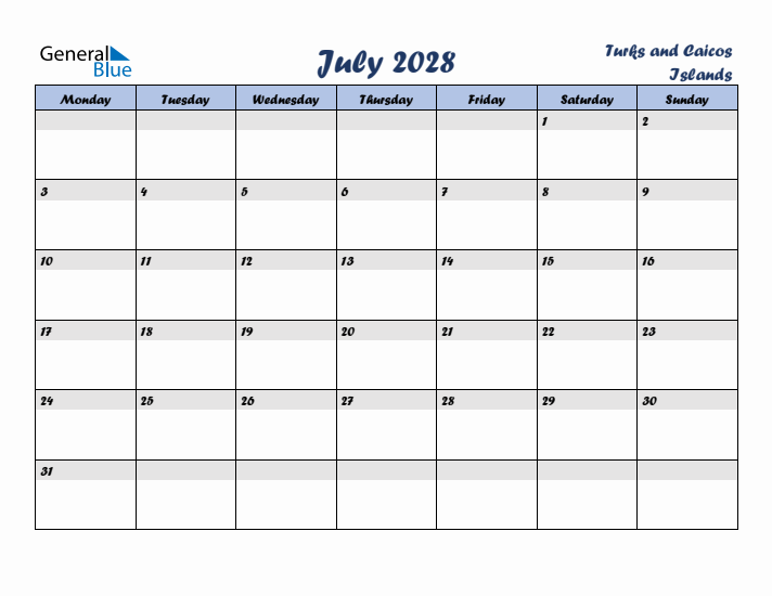 July 2028 Calendar with Holidays in Turks and Caicos Islands