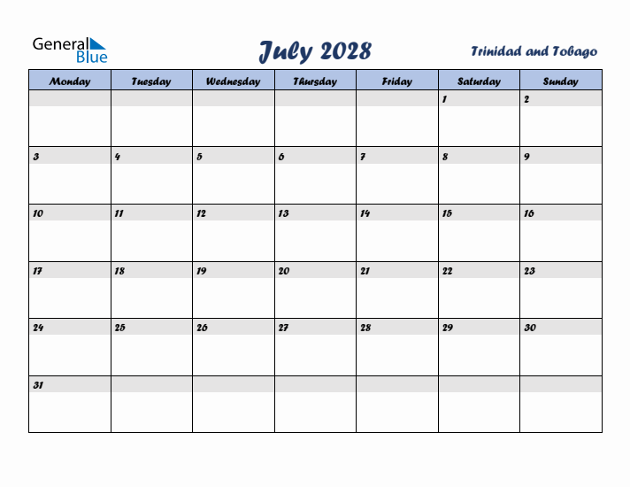 July 2028 Calendar with Holidays in Trinidad and Tobago