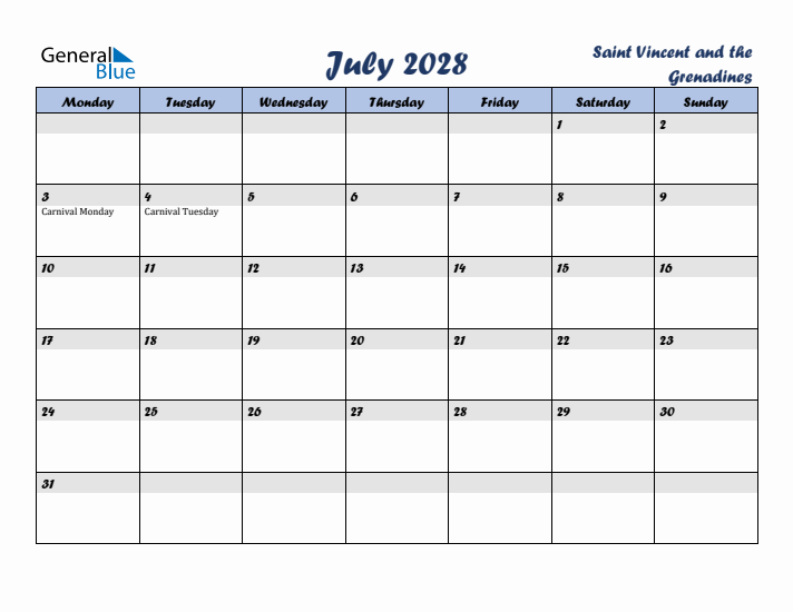 July 2028 Calendar with Holidays in Saint Vincent and the Grenadines