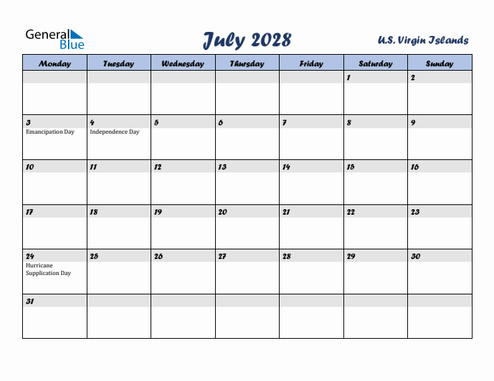 July 2028 Calendar with Holidays in U.S. Virgin Islands