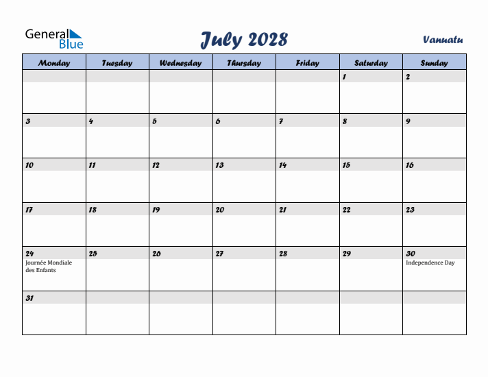 July 2028 Calendar with Holidays in Vanuatu