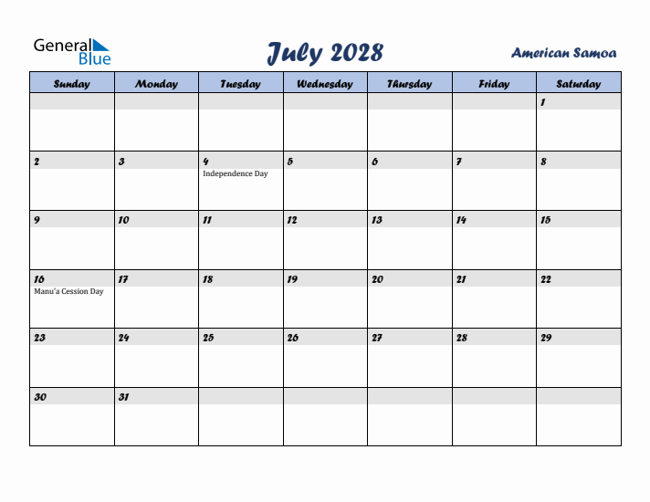 July 2028 Calendar with Holidays in American Samoa