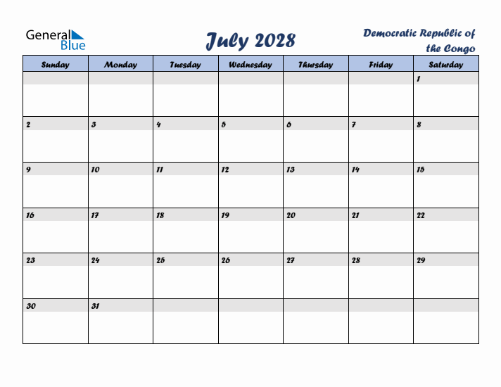 July 2028 Calendar with Holidays in Democratic Republic of the Congo