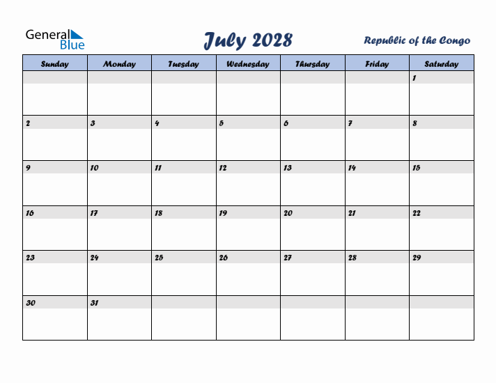 July 2028 Calendar with Holidays in Republic of the Congo