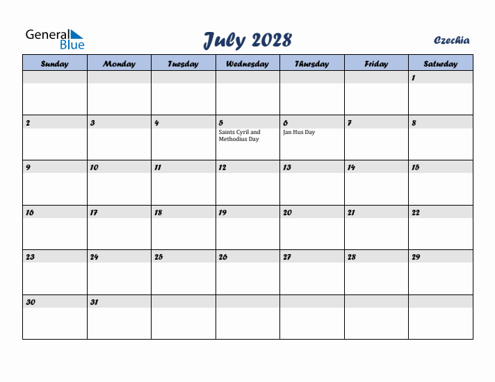 July 2028 Calendar with Holidays in Czechia